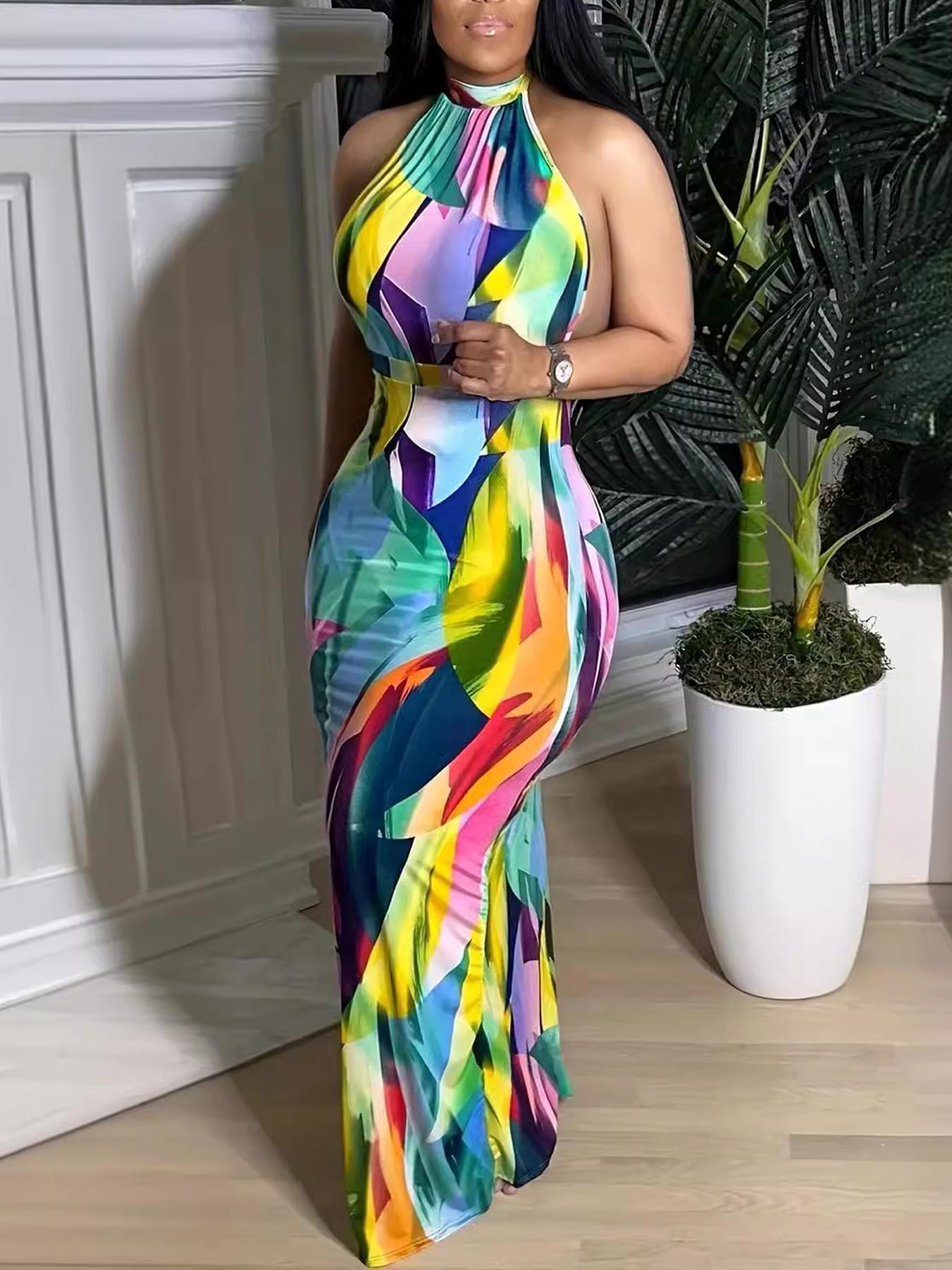 Women's All Over Print Tie Back Halter Dress, Elegant Chic Fitted Fashion Backless Maxi Dress for Daily Holiday Vacation Wear, Women Dress for Summer, Womenswear