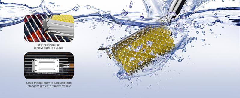 Grill Brush Bristle Free with Scraper, Safe Steam Cleaned Replaceable Head Fire Resistant Grill Cleaning Brush Strong Barbecue Brush Cleaner Non Wire for Outdoor Grill Grate/Wooden Handle