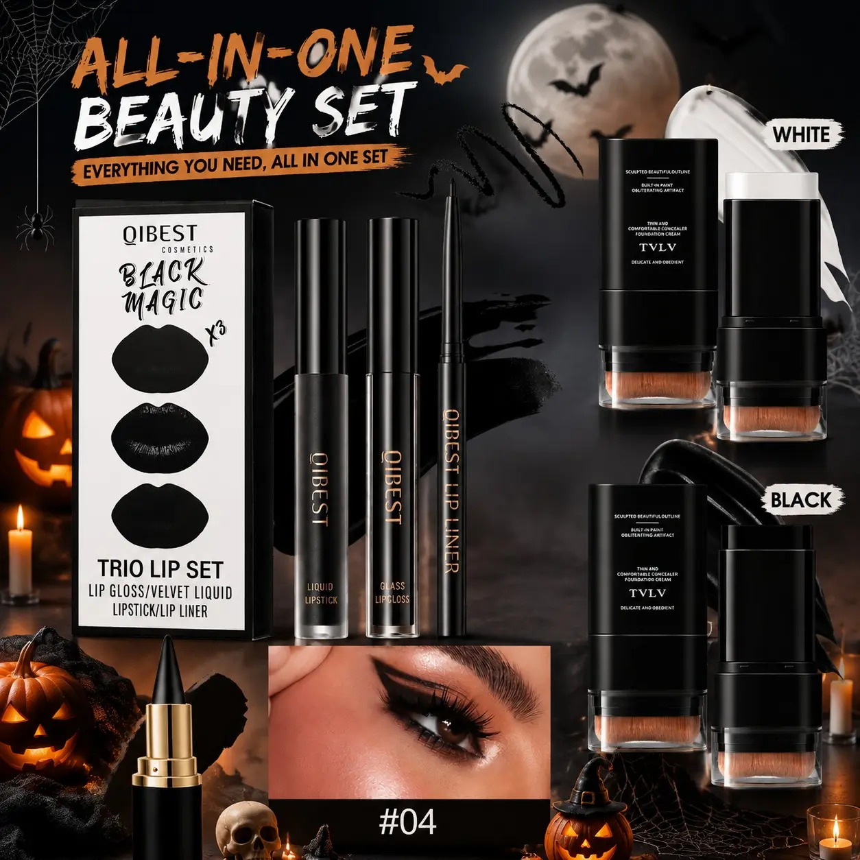 Halloween Makeup Set, Goth Makeup Kit, Gothic Costume Cosmetics, Foundation Stick, Lip Gloss, Eyeliner, 5pcs, Perfect for Halloween Party