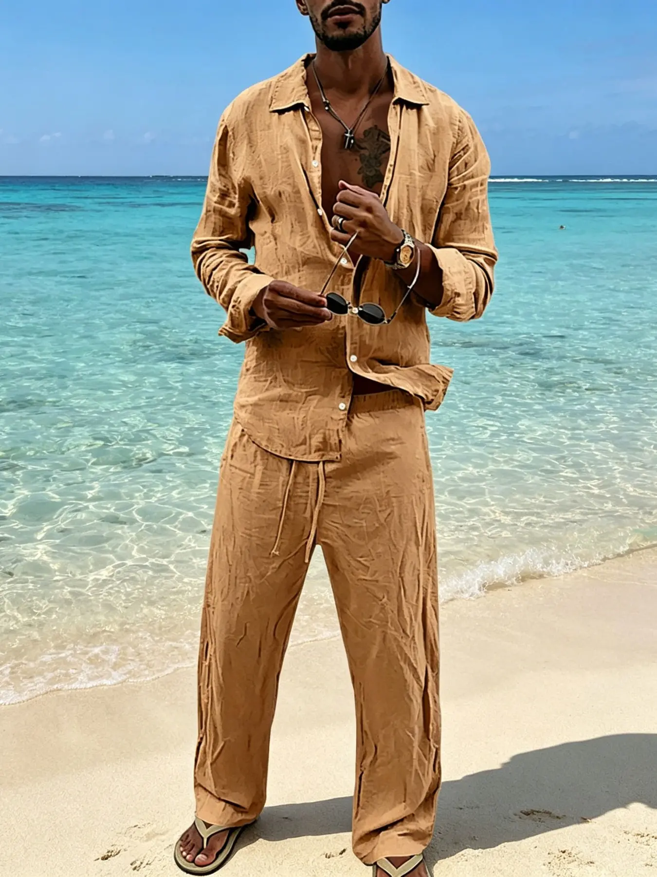 Men's Linen 2 Piece Outfit Set Lapel Long Sleeve Button Down Shirt Drawstring Straight Pants Summer Breathable Vacation Casual Matching Suit Multi Colors Clean Fit Outfit