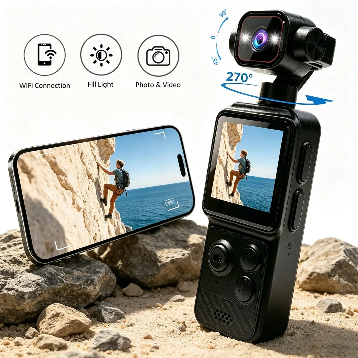 Mini Pocket Camera for Vlogging & Travel, 1080P HD Wide-Angle Video, 1440P Photos, 270° Rotating Lens, Extended Battery Life, WiFi Control & 1/4" Tripod Mount for Outdoor Use