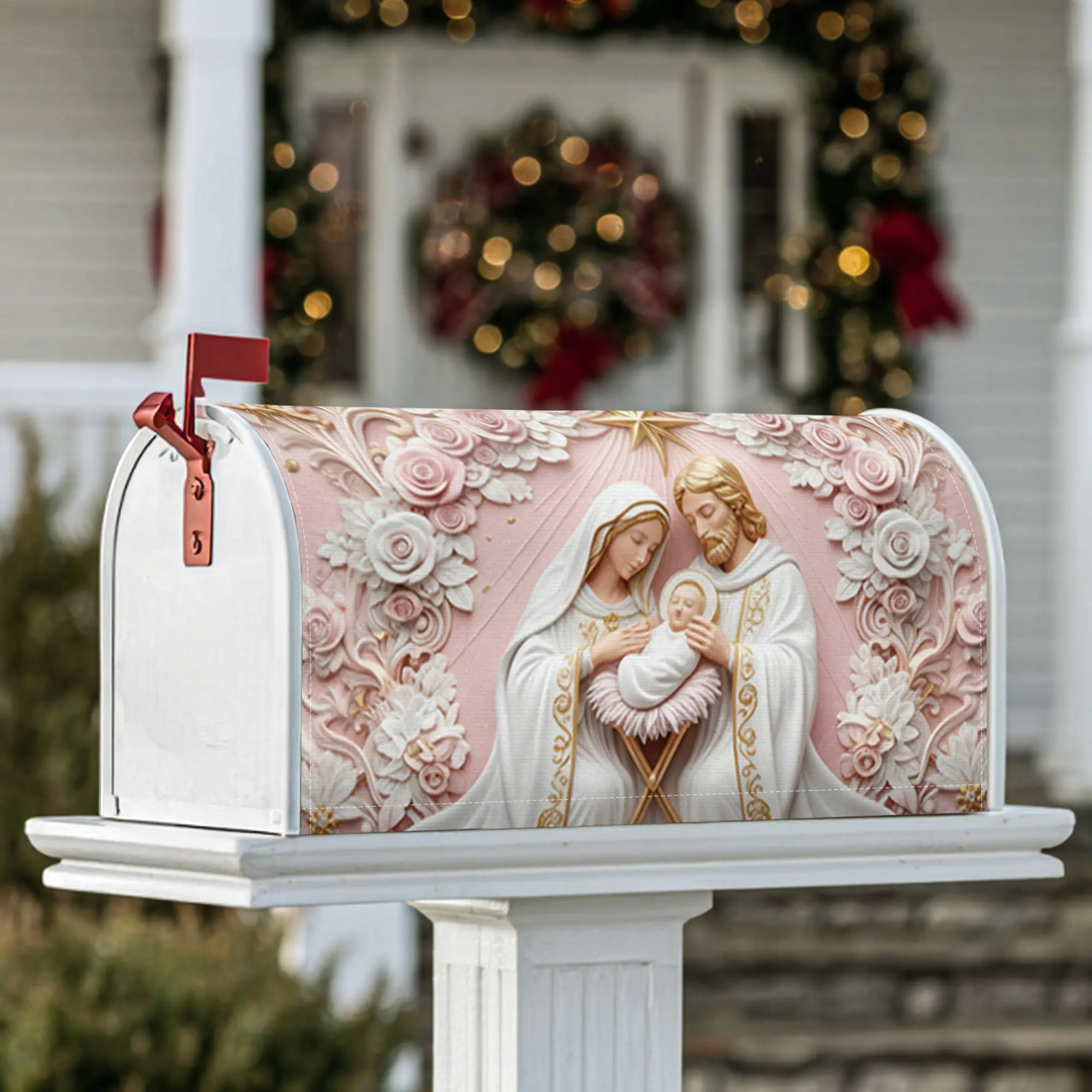 Mary Magnetic Mailbox Covers, Christmas religious Joseph Baby Jesus Christmas pink Decorative Mailbox Cover for Outdoor Garden Yard Decor
