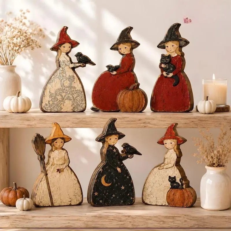 Six vintage distressed wooden witch girl desk ornaments featuring crows, black cats, and broomsrustic Halloween witch figurines perfect for farmhouse-style autumn tiered tray displays and holiday decor.