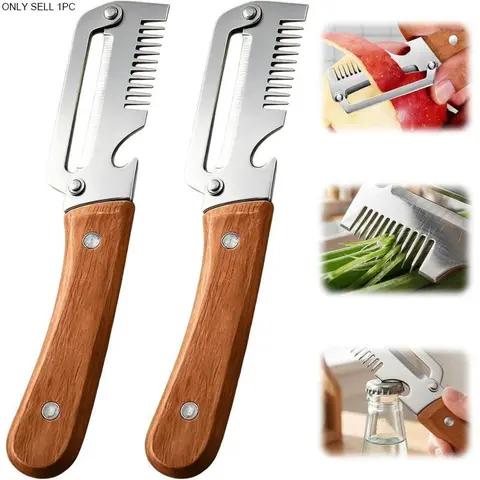 2026 Upgraded Vegetable Peeler with Wooden Handle, Stainless Steel Wide Blade Potato & Carrot Peeler, 3-in-1 Veggie Peeler with Scallion Shredder & Bottle Opener, for Kitchen, Camping & Travel, Kitchenware, Utensils