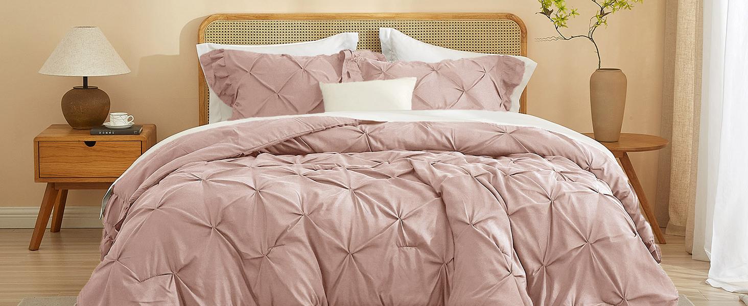 Dark Blue Ruffled Pintuck Comforter Set Queen Size, Microfiber Pleated Comforter Set Vintage Bedding, 3 Piece Brushed Comforter Set, 1 Ruffled Comforter with 2 Pillowcases