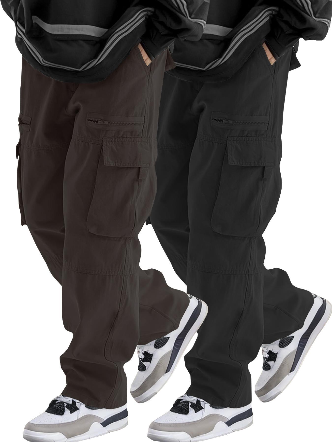 Unisex Loose-Fit Solid-Color Cargo Pants with Pockets, Drawstring and Zip Fly, Casual Comfy Woven Trousers for Everyday Outdoor Wear, Streetwear Style, Suitable for All Seasons