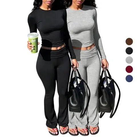 ASANDY 2 Pack Women's Two-Piece Workout Set Long Sleeve Cropped Top High Waist Flared Pants Solid Color Stretch Outfit for Daily Outdoor Jogging Casual Sportswear,sohochic