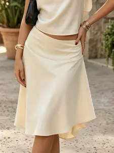 Elegant Midi Skirt, Millennial Retro Vintage Sweet Style, Asymmetrical Flowy A-Line, High Waist Versatile Casual Daily Wear, Chic Street Fashion for Women, Basic