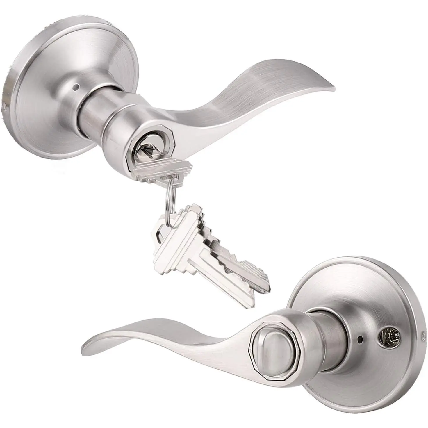 Satin Nickel 1 Pack Keyed Entry Door Lever, Door Handle with Lock and Key, Reversible Drop Style Exterior Door Knob