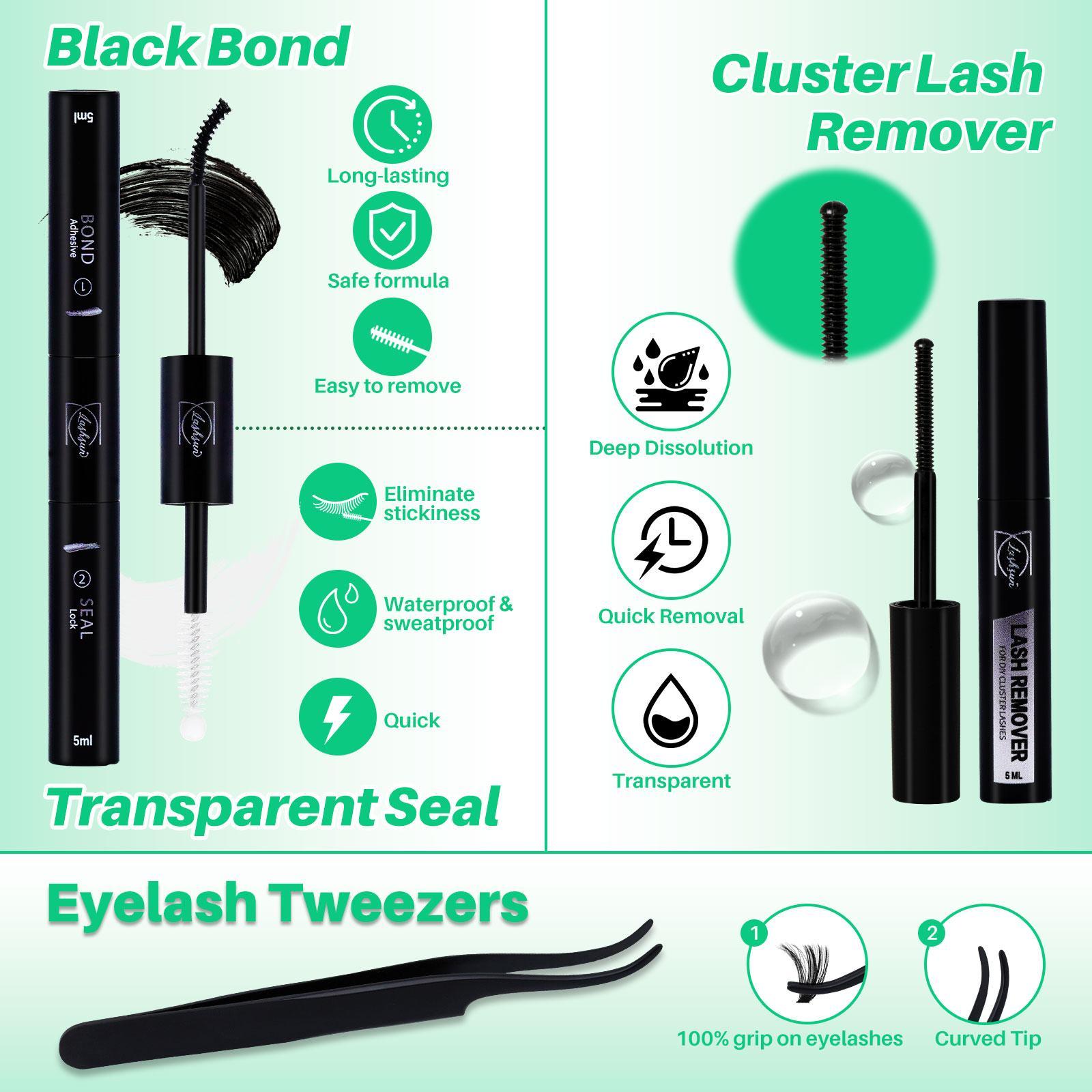 Mixed Length False Eyelashes Kit, Eyelash Extension, 1 Set Mixed Length 3D Effect Volume Cluster Lashes, Long-lasting Lashes Kit with Lash Bond & Seal & Tweezers, Makeup