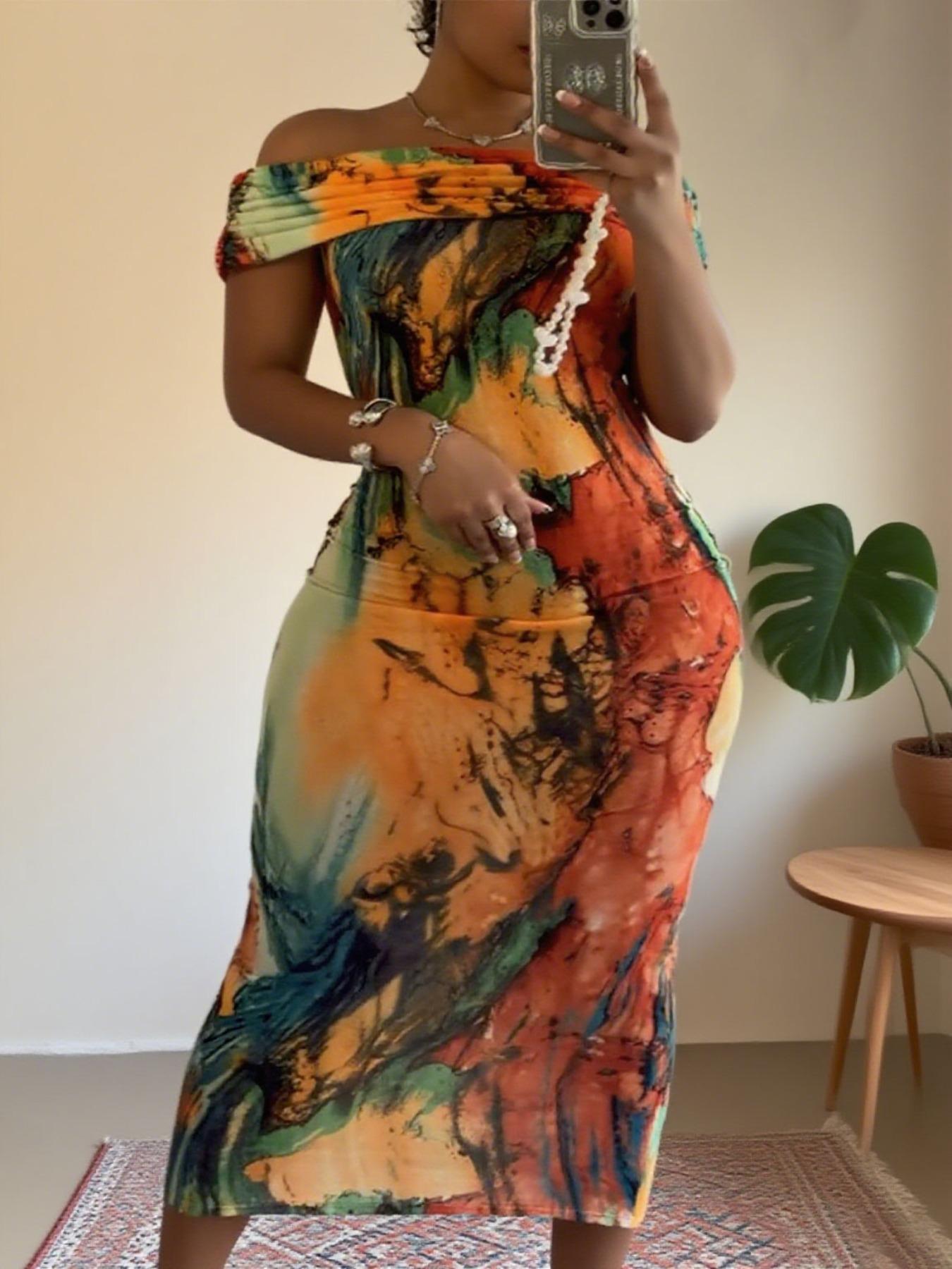 Plus Size Off Shoulder Bodycon Maxi Dress for Women – Elegant Chic Casual Printed Party Dress for Summer & Evening Outfits