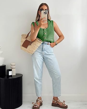 Imily Bela Womens Sweater Vest Summer Ribbed Tank Tops Sleeveless Button Down Shirts Scoop Neck Top for Women