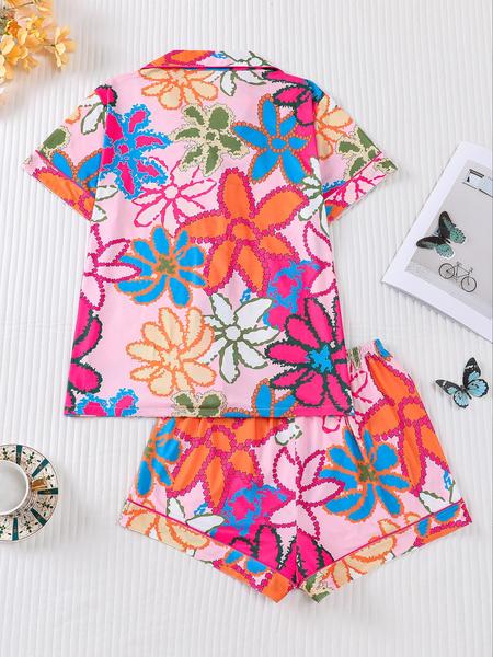 Women's Leopard Print Cherry Bow Sleepwear Set, Short Sleeve Shirt Collar Button Soft Top & Elastic Shorts, Casual Home Wear