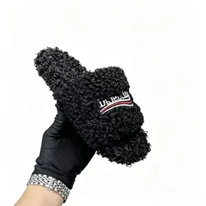 Women's Black Fuzzy Slide Slippers - Curly Teddy Bear Fur Plush House Shoes, Non Slip Rubber Sole Embroidered Warm Indoor Outdoor Slippers for Winter Dorm Women's Non Slip Fuzzy House Slippers - Black Teddy Bear Plush Slide Sandals, Soft Me