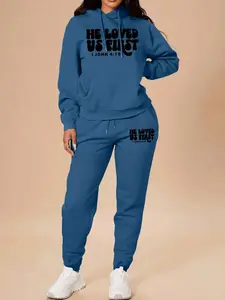 2 Pieces Womrn Sets Spring Fall Fashion Casual Home Outdoor Fitness Letter Print Women Long Sleeve Hooded Sweatshirt with Pockets + Pants Set Tracksuit
