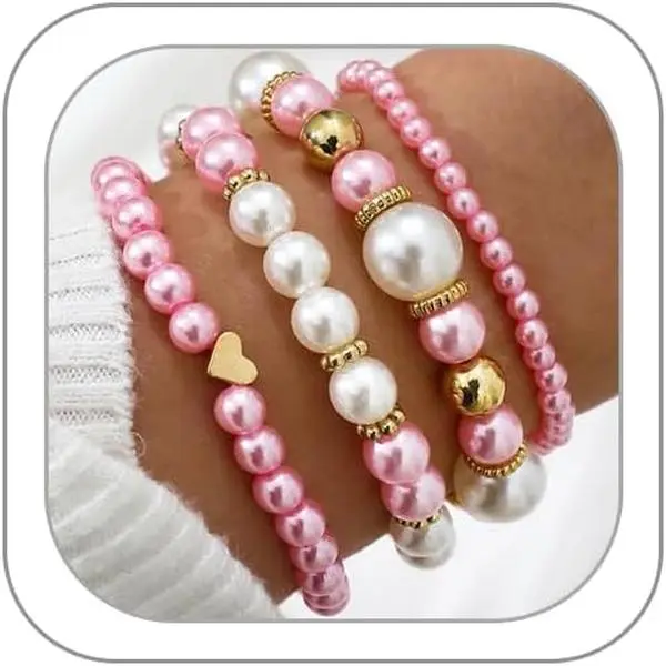 Bracelets for Women Simulated  Beaded Bracelet White  Stackable Stretch Bracelet Set Multilayered Elastic  Bracelets for Women Bridesmaid Bridal