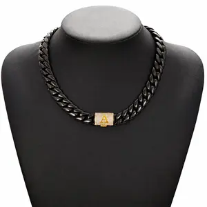 Men’s Miami Cuban chain necklace made of solid stainless steel with a vacuum nano electroplated black finish. Features a chunky chain and substantial Cuban link design; chain width: 14 mm; length: 18–30 inches. Low allergenic potential. Tick