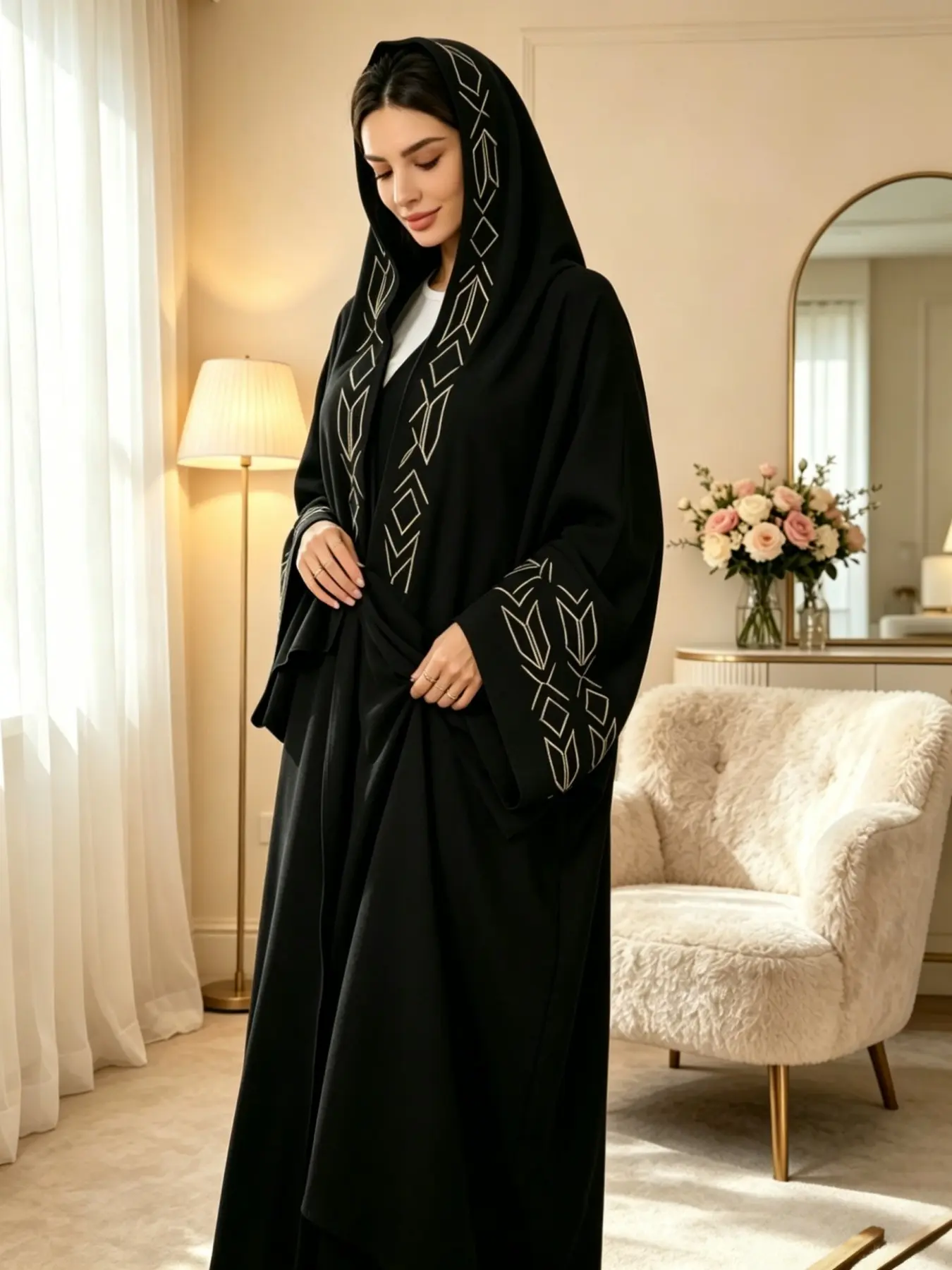 Elegant Muslim Embroidered Robe with Matching Hijab, Long Khimar Headscarf, All-Season Prayer Wear, Women's Daily Use