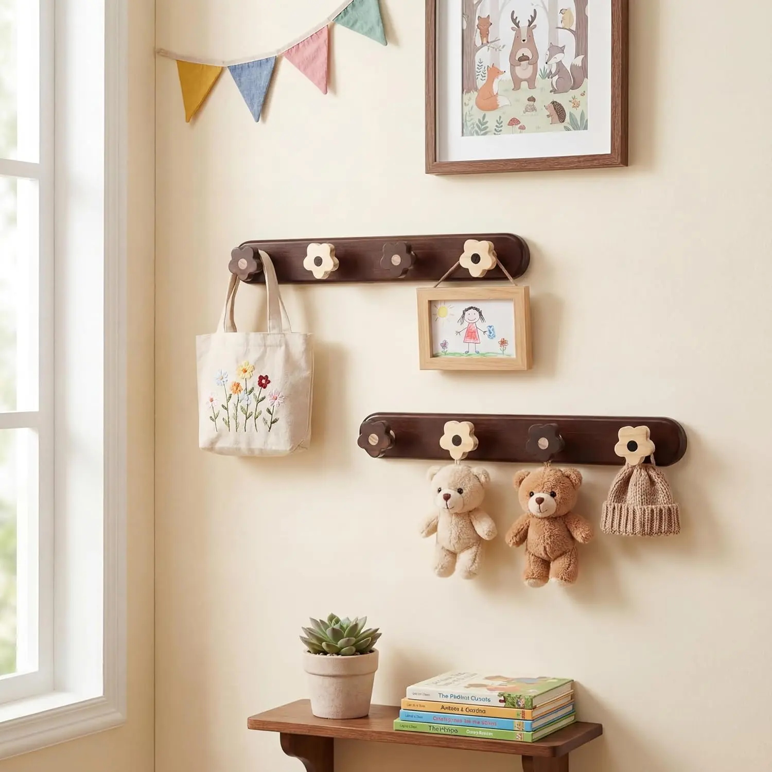 Novabright 2 Pcs Wooden Flower Wall Hooks - Dainty Miniature Wall-Mounted Home Storage Hooks, Cute Decorative Hangers for Nursery, Entryway, Kitchen with Easy Hanging Installation (Classic), Dainty Home Storage Hooks, Decorative Hanging Home Storage Hooks