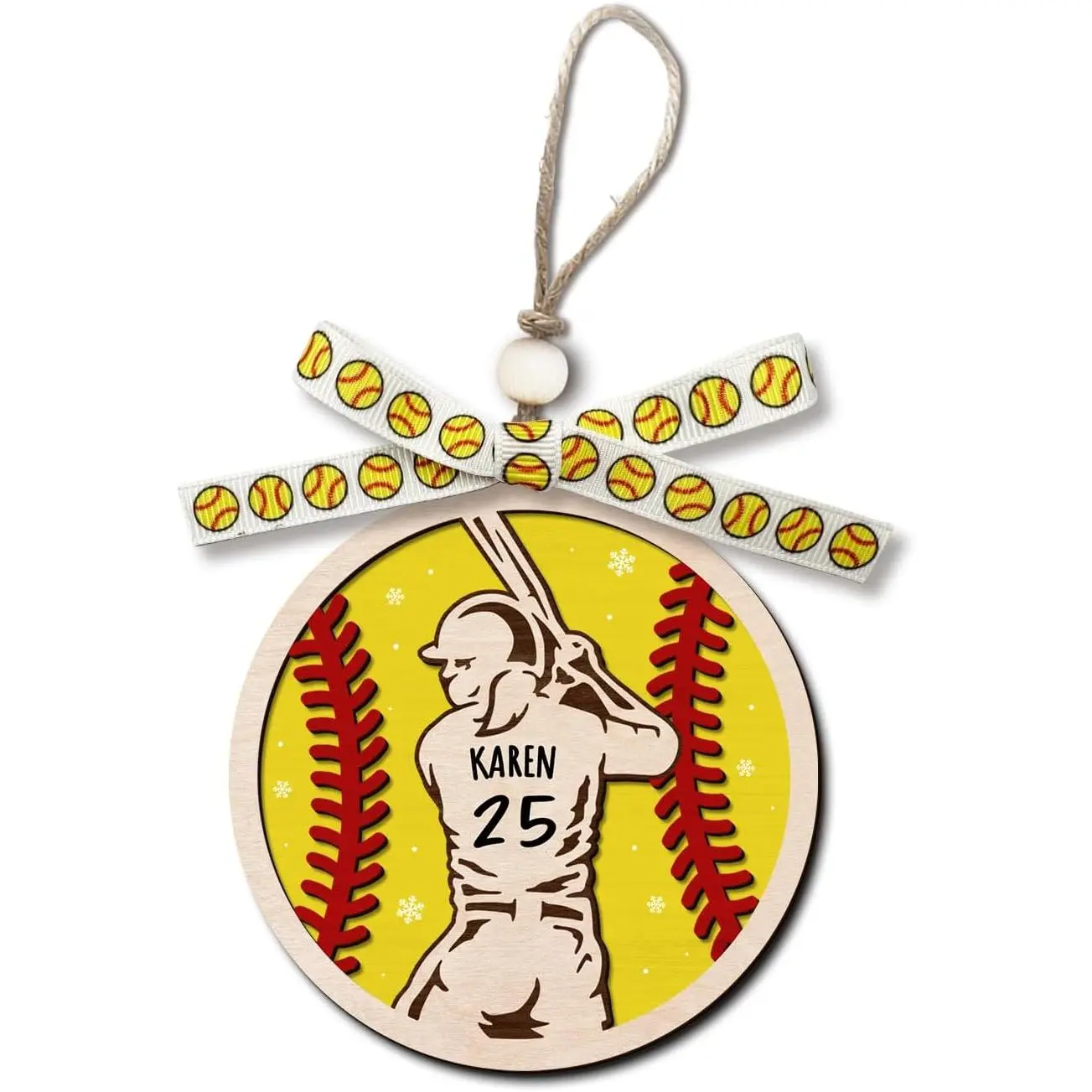 Wooden  Softball Christmas Ornament with  Ribbon Bow, Girl Women Softball Ornaments for Xmas Tree,  Themed Holiday Decor  Gifts for Softballs , Players, Coaches, Athletes Fans