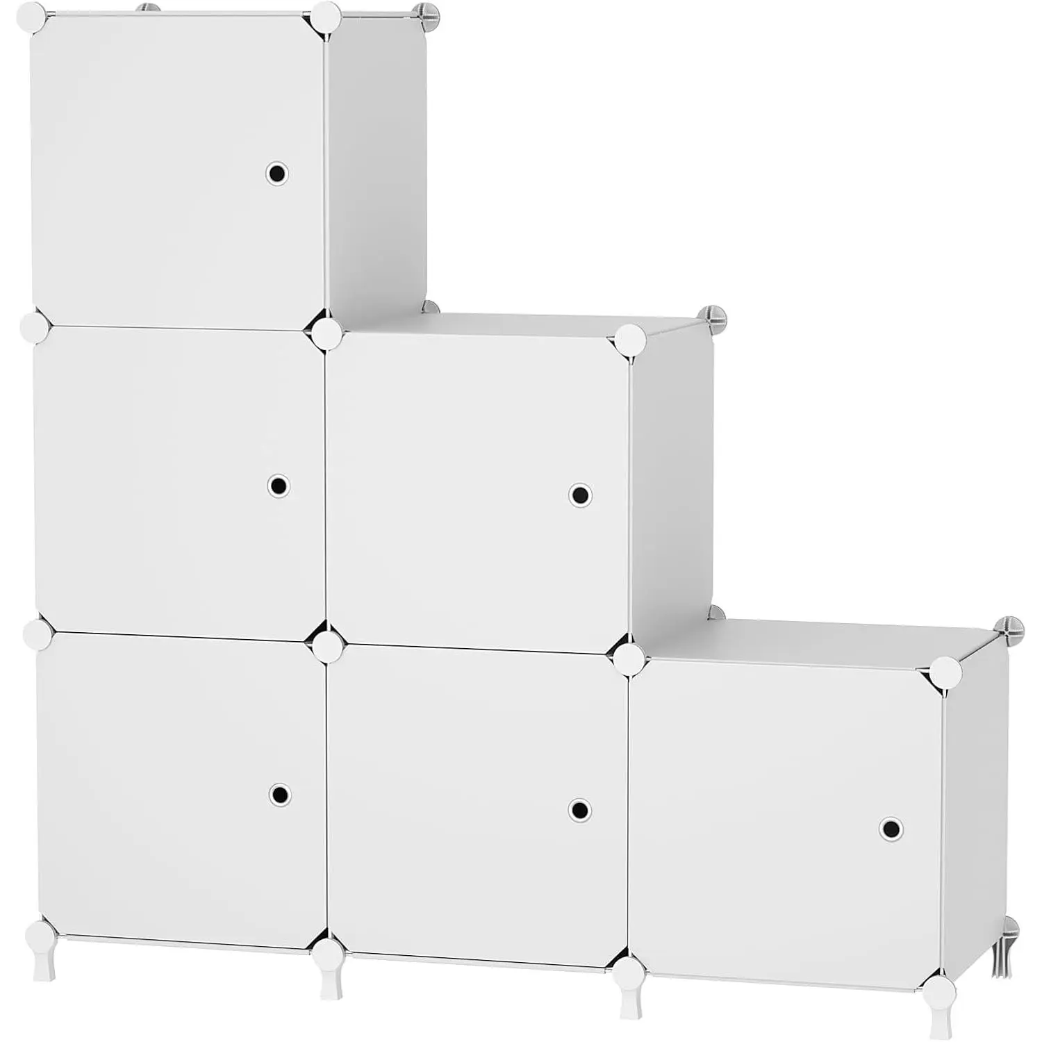Storage Organizer, 6-Cube Shelves Unit with Doors, DIY Stackable Plastic Clothes Organizer for Bedroom and Under Stairs, Each Compartment 30 x 30 x 30 cm White