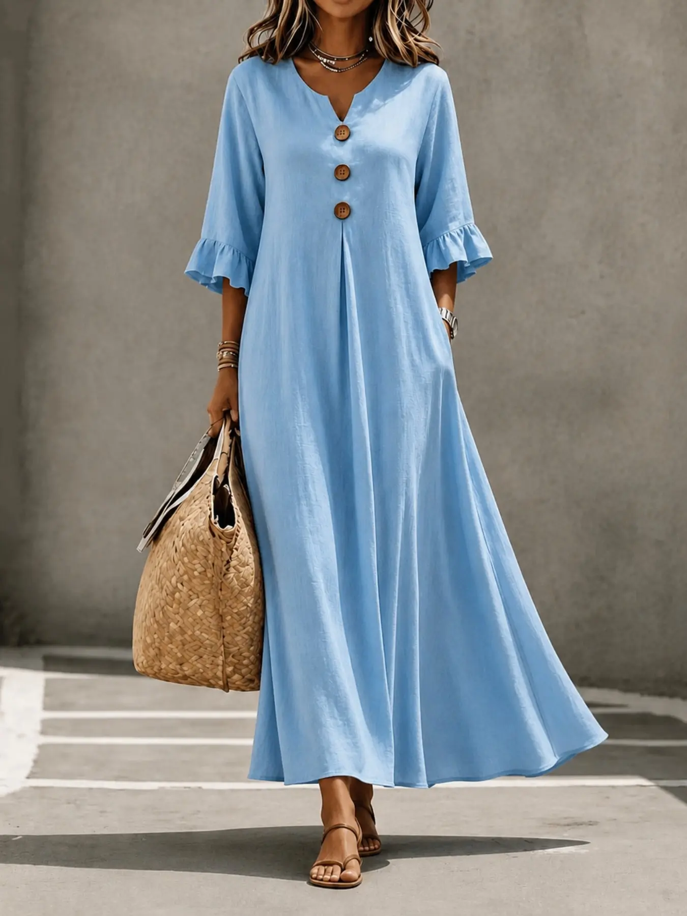 Plus Size Women's Solid V-Neck Wooden Button Dress, Loose Fit Slimming Ruffle Sleeve Long Dress, Casual Office Vacation Style A-Line Dress, Casual Wear