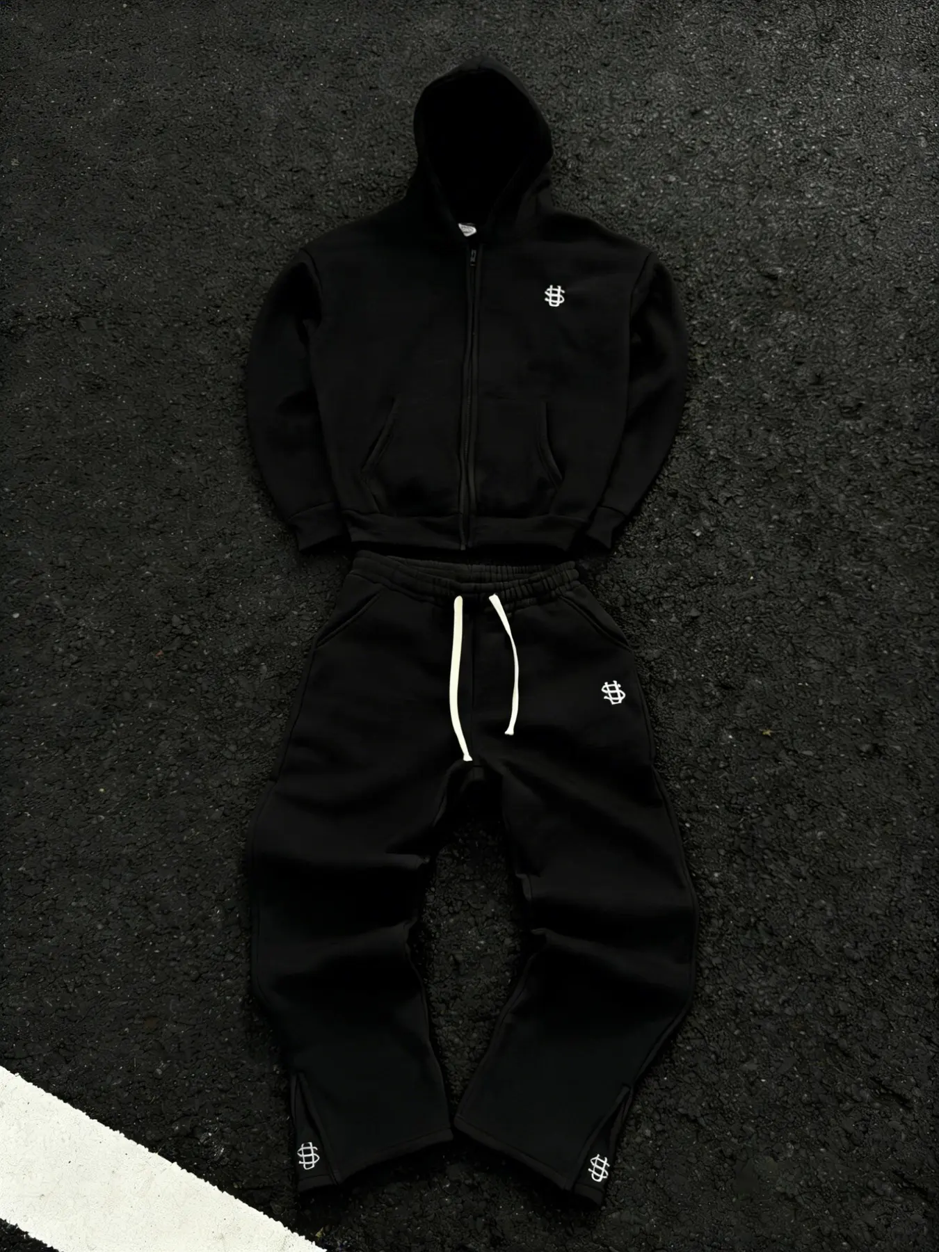 American Street Style Embroidered Zipper Hoodie Set, Loose Fit Sportswear Two-Piece Set, Casual Streetwear, 2 Color Options