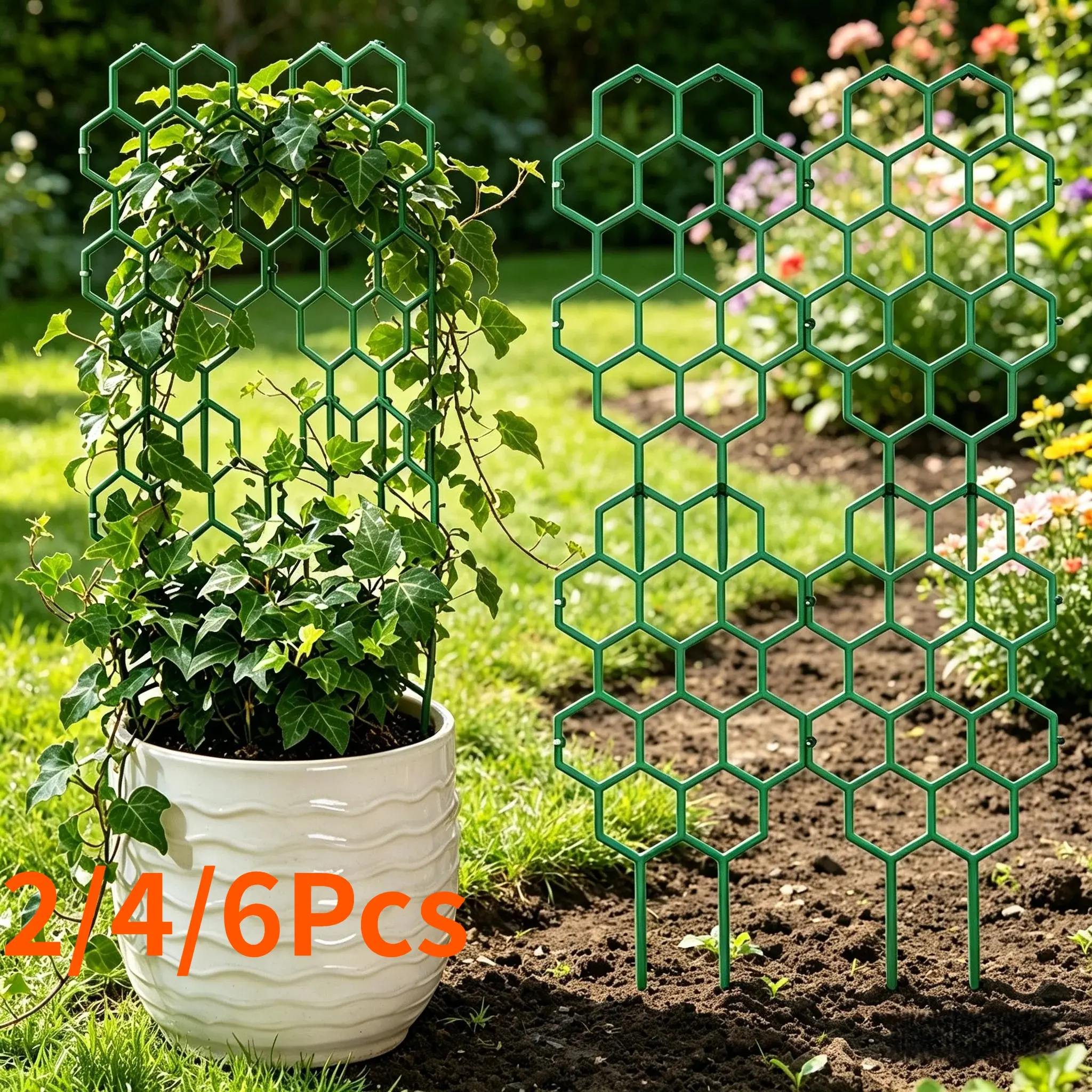2/4/6Pcs Hexagonal Spliced Plant Trellis, Combinable Potted Climbing Support Frame, Indoor Outdoor Vine Trellis for Monstera Ivy, Plant Stake for Flower Pot, Garden Spliced Greenery Support Grid