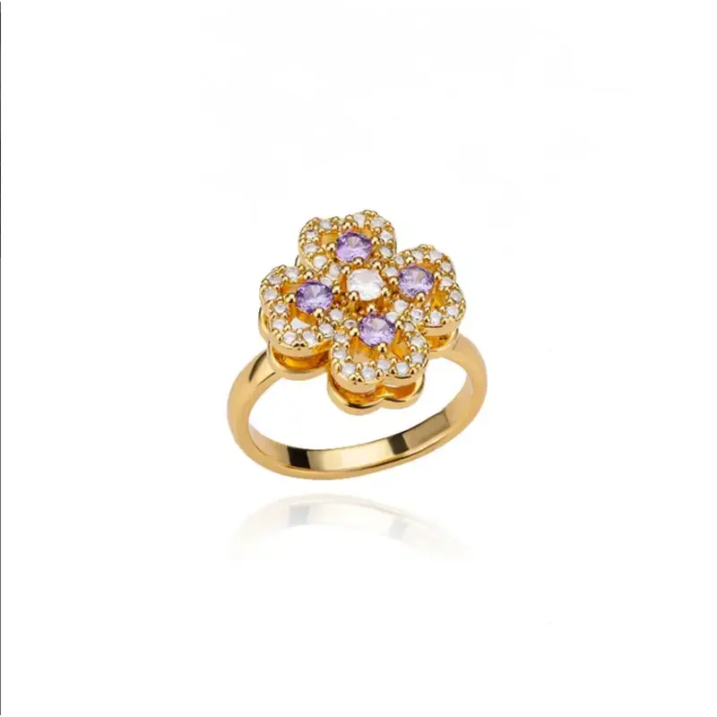 Women's Golden Clover Rotatable Zircon Stainless Steel Open Adjustable Costume Jewelry Ring - Ideal Gift for Females