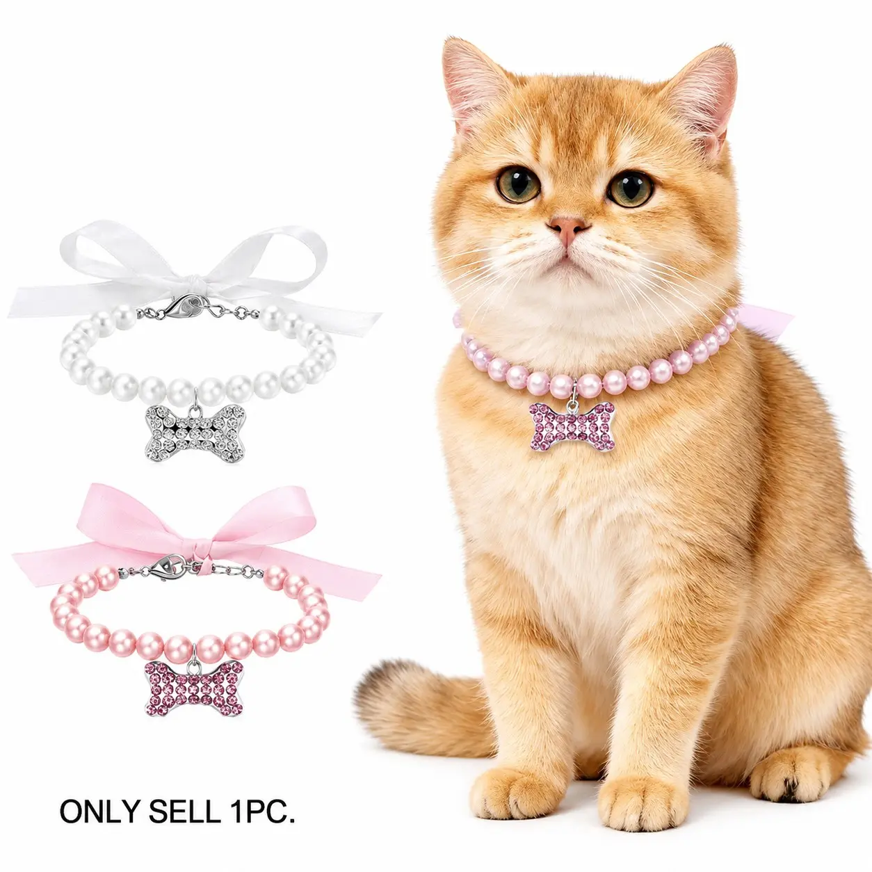 1 Pcs Dog Cat Collar Necklace with Rhinestone Bone, Pearl & Rhinestone Pet Necklace with Bone PendantFancy Cat Wedding Collar Jewelry, Cute Pet Accessory for Cats, Puppies & Chihuahuas