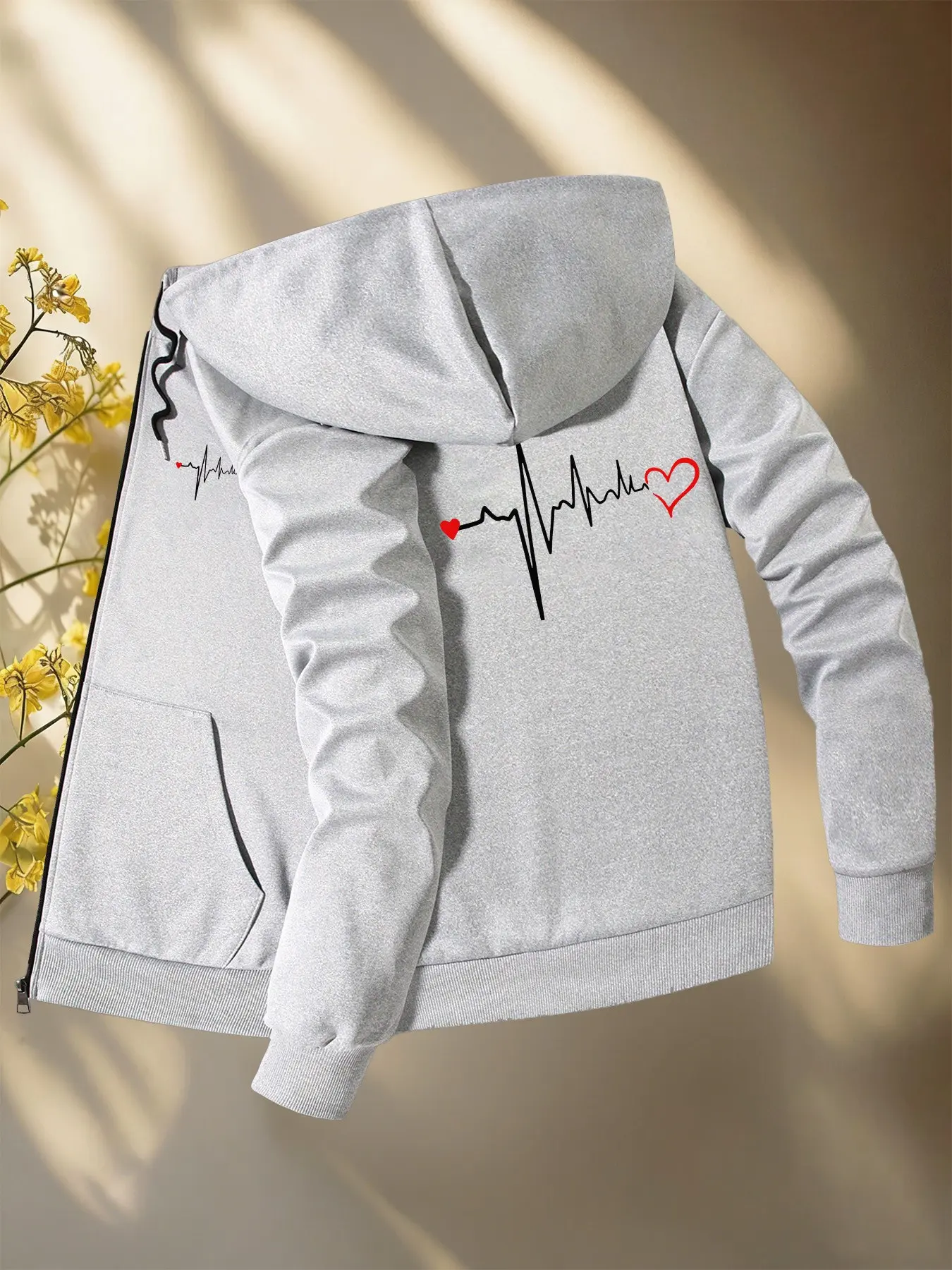 Men's Fashion Hooded Jacket, Heartbeat Dual Heart Print, Casual Outerwear, Side Pockets, Slim Fit, Fall Winter Sports Coat