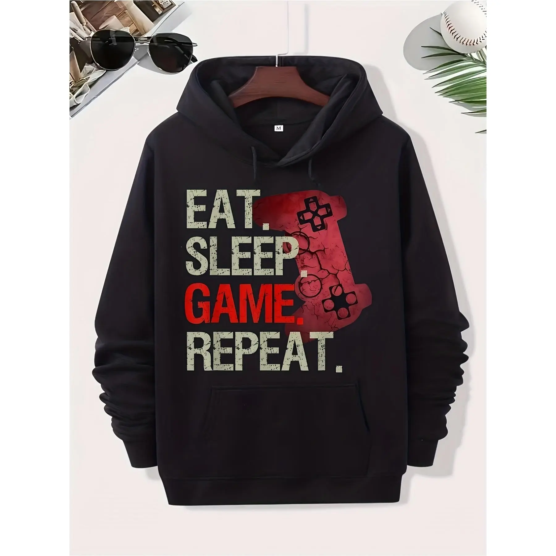 Men's Gamer Hoodie with Eat Sleep Game Repeat Gaming Controller Graphic - Black/Red Text Loose-Fit Fleece Pullover, Hooded Sweatshirt with Front Pocket - Machine Washable Polyester Gaming Apparel for Casual Wear & Gamer Couple Matching