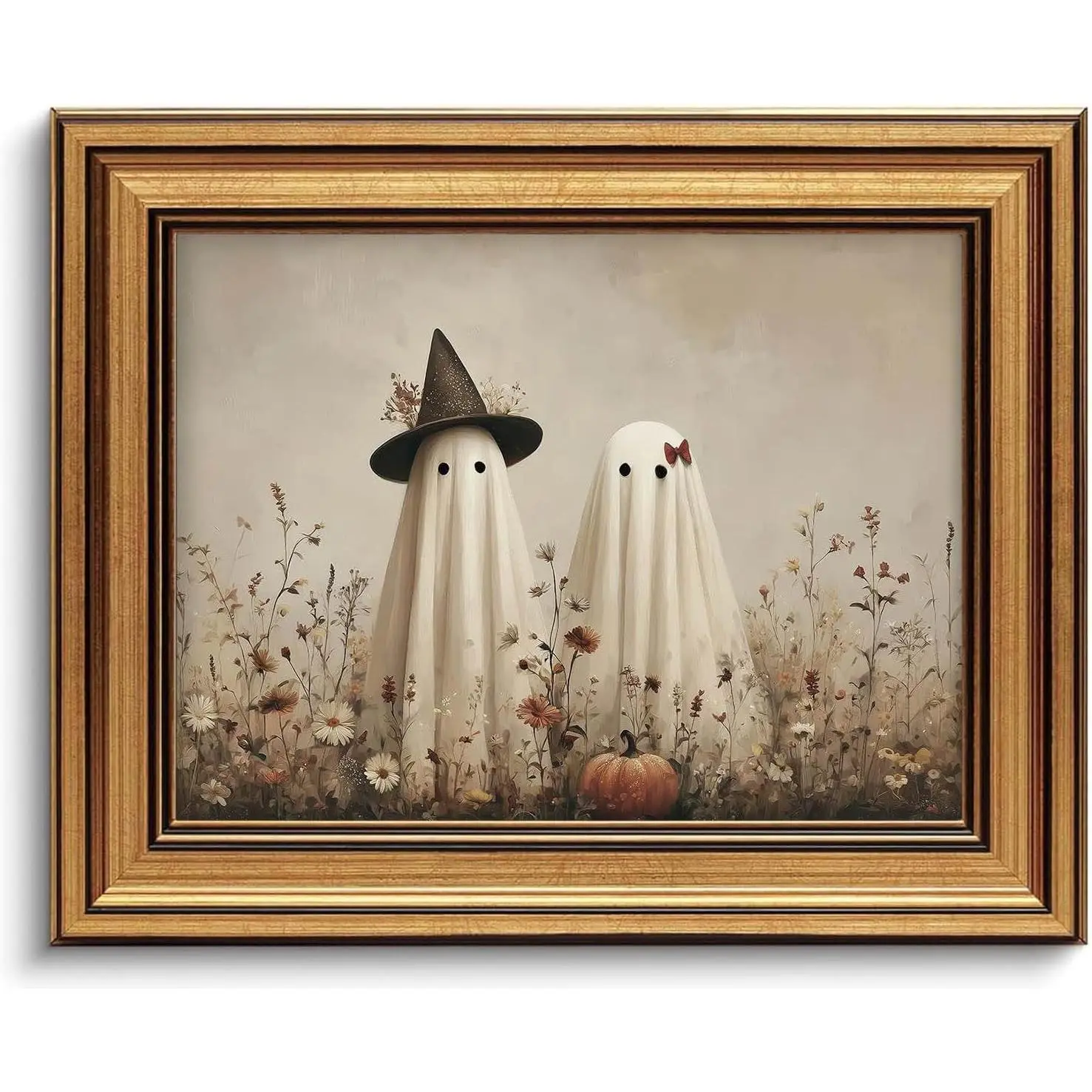 Merrleem Framed Gold Halloween Artwork, Vintage Cute Ghost 1-Piece Canvas Decoration, 12" L x 9.5" W Home Decor Poster for Room Gift, One-Piece