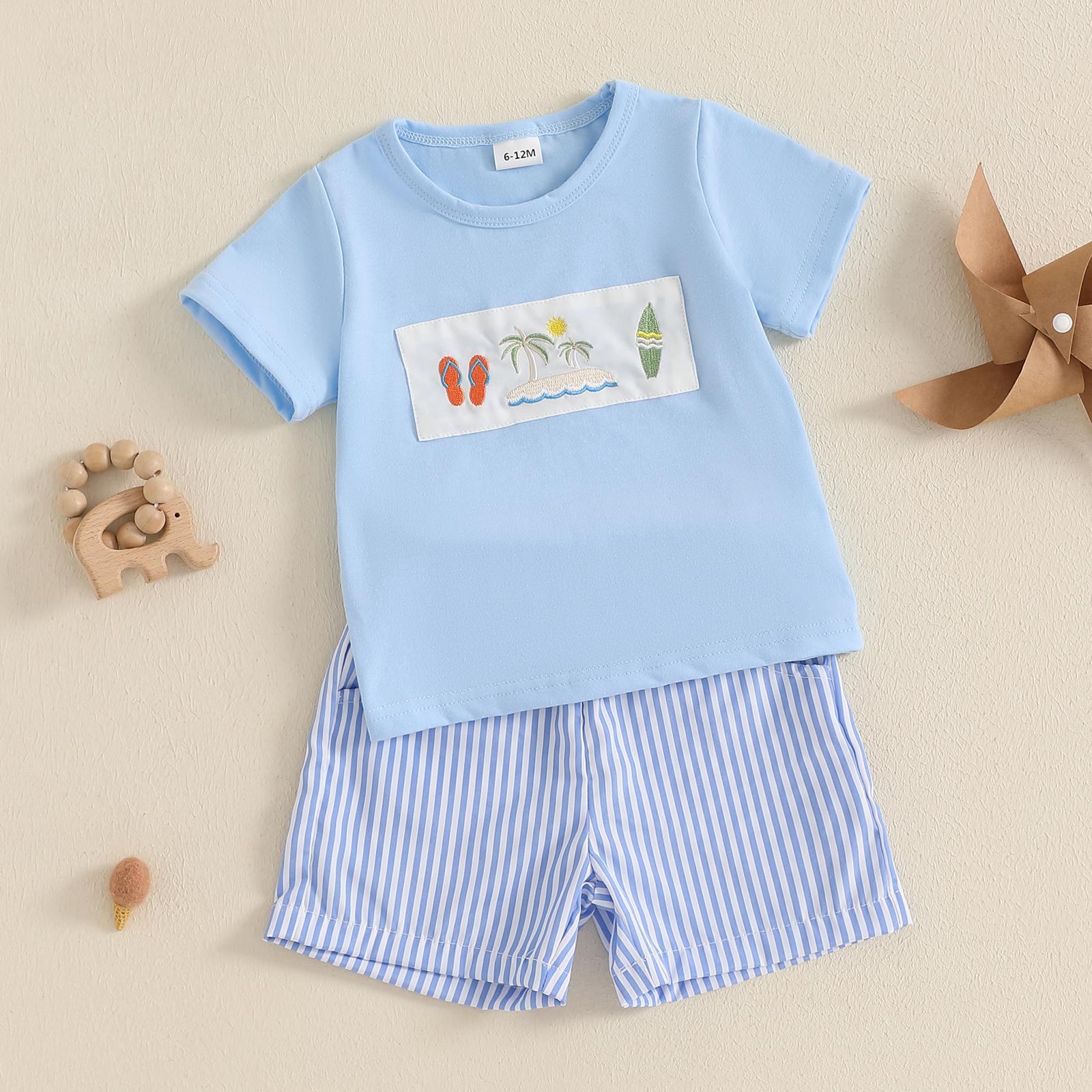 Toddler Baby Boy Summer Outfit Animal Embroidery Round Neck Short Sleeve Top Stripe Shorts Casual 2pcs Set Summer Clothes