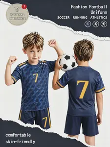 Boys' Cool Sports Style Set, Football Print 7-Number Design Short Sleeve T-Shirt + Shorts, Casual Leisure, Home Outdoor Wear
