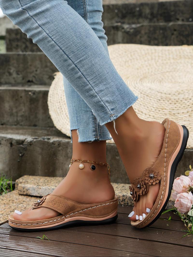 Women's Fashionable Flower Decorated Flip Flops, Casual Comfortable Platform Sandals for Summer, Lightweight Breathable Shoes for Daily Wear, Girl, Boho Sandals