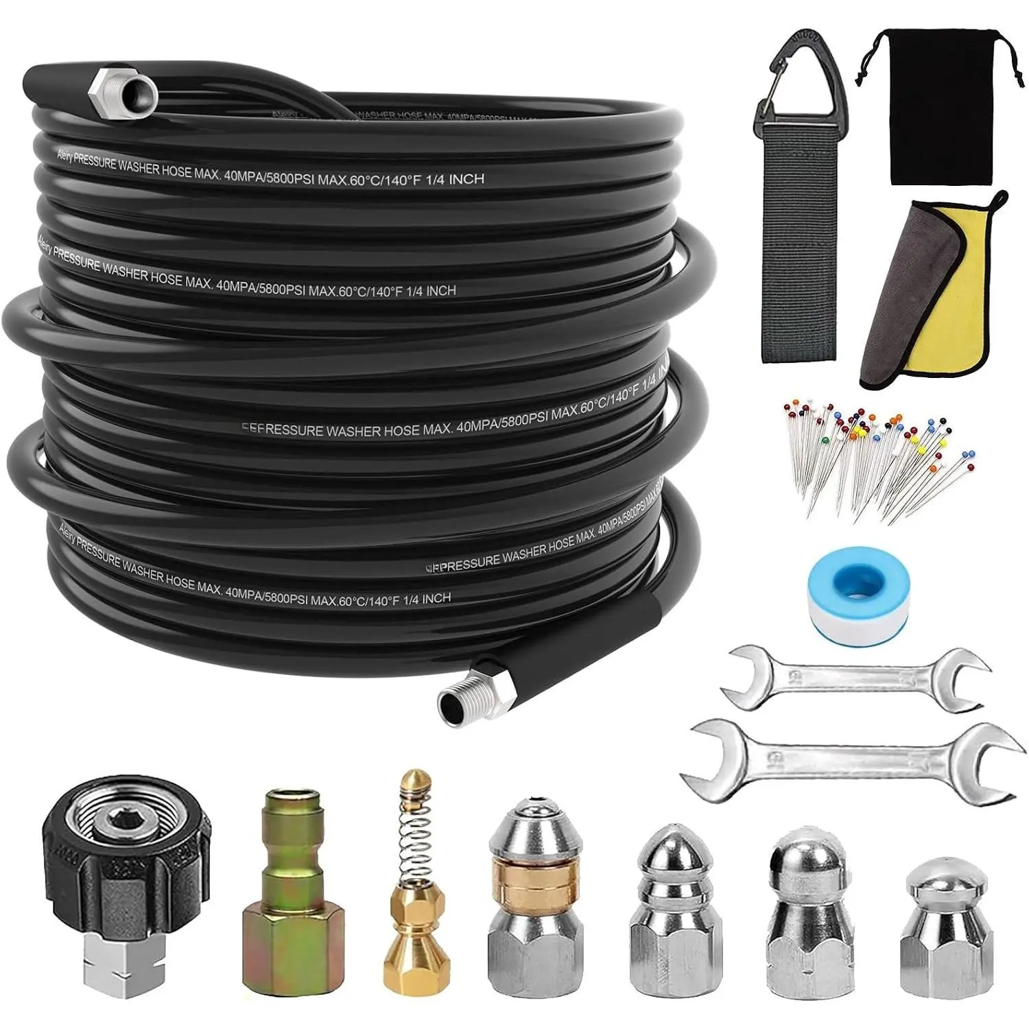Sewer Jetter Kit for  Washer,Water Jet Drain Cleaning Hose with Corner Rotating Button Spring Nose 1/4" NPT Sewer Cleaning Tool High- Nozzles,5800 PSI 50 FT