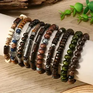 10-Piece Bohemian Wooden Beaded Bracelet Set, Handmade Stackable Wooden Jewelry for Women & Men, Boho Couple Matching Fashion Accessory Gift
