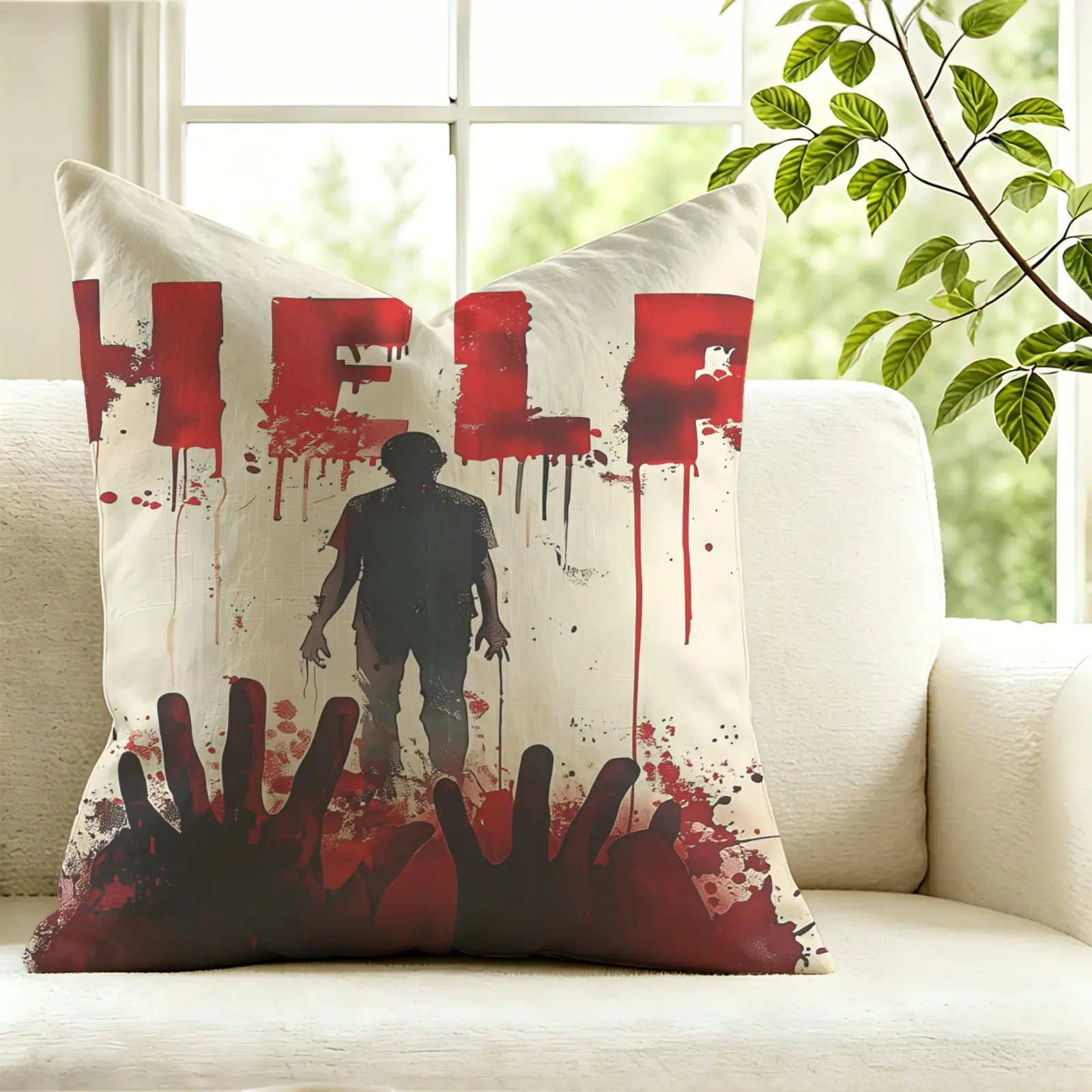 1Pc Horror Bloody Handprint Print Throw Pillow, Spooky Accent Cushion, Includes Pillow Core, Creepy Decorative Pillow for Sofa, Bedroom & Halloween Party, Great Choice for Horror Lovers, Creates Eerie Thrilling Scary Atmosphere for Indoor Space