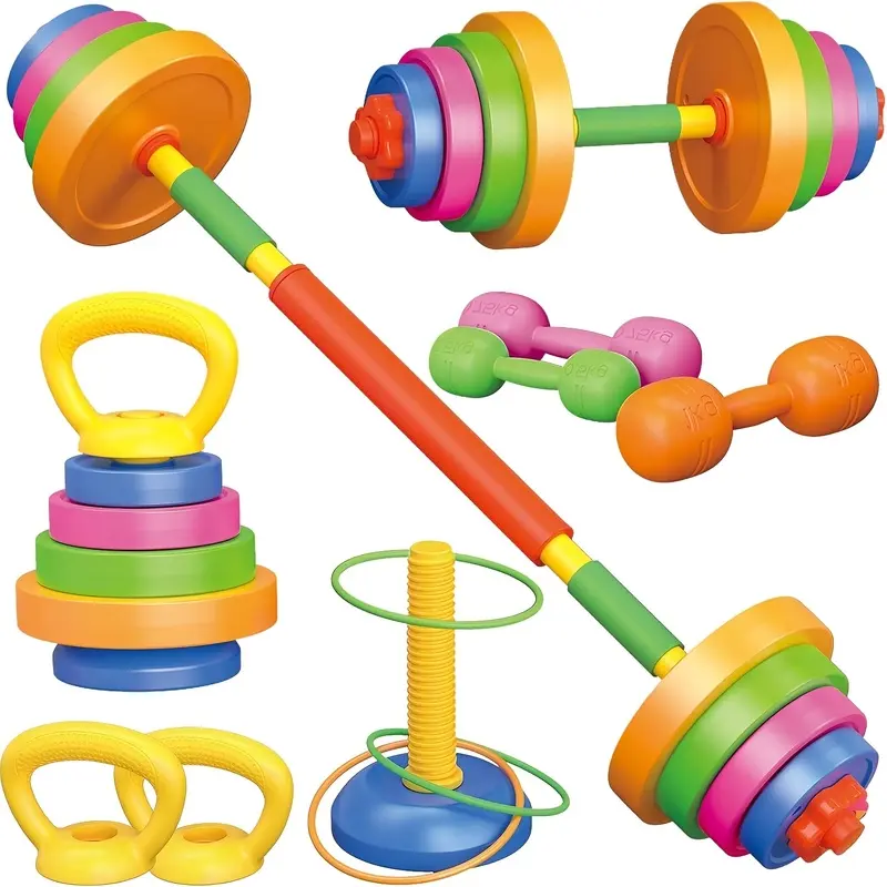 Weightlifting Set Dumbbell Barbell Kettlebell Ring Adjustable Fitness Equipment Toy, Suitable for Children Outdoor Indoor Sports Game Training Weightlifting 6-In-1 Arched Bell Toy Barbell Set, Day, Christmas, Birthday Gift