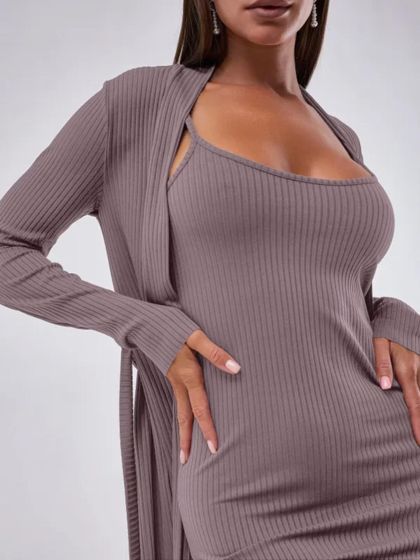 Women's Elegant Minimalist Knit Cami Dress Set, Soft Comfortable Ribbed Sleepwear for Home Use, Perfect for Everyday Wear