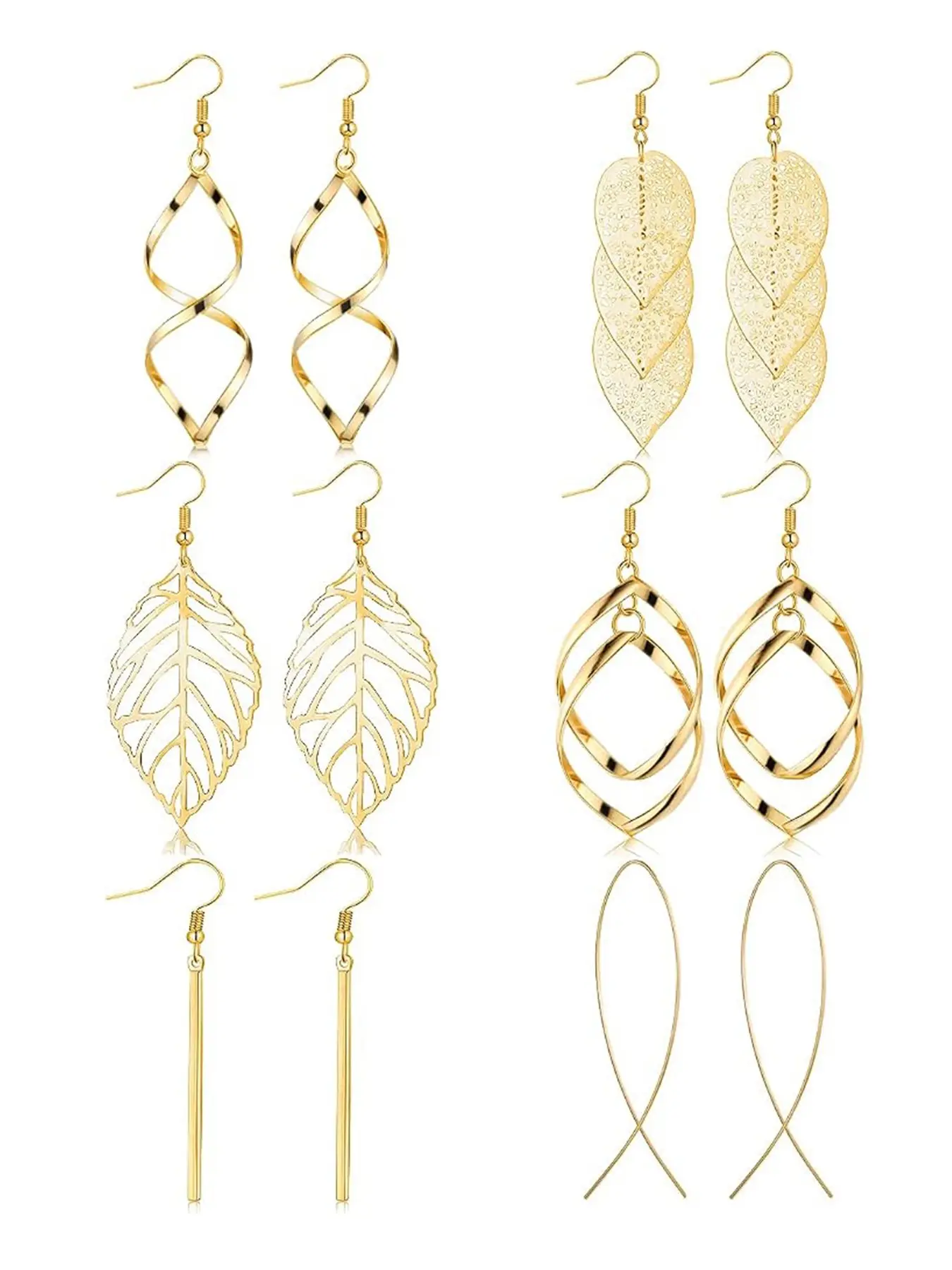 6 Pairs Drop Dangle Earrings for Women Threader Earring Set Long Bar Double Twist Wave Curved Threader Cut Out Leaf Lightweight Earrings Set
