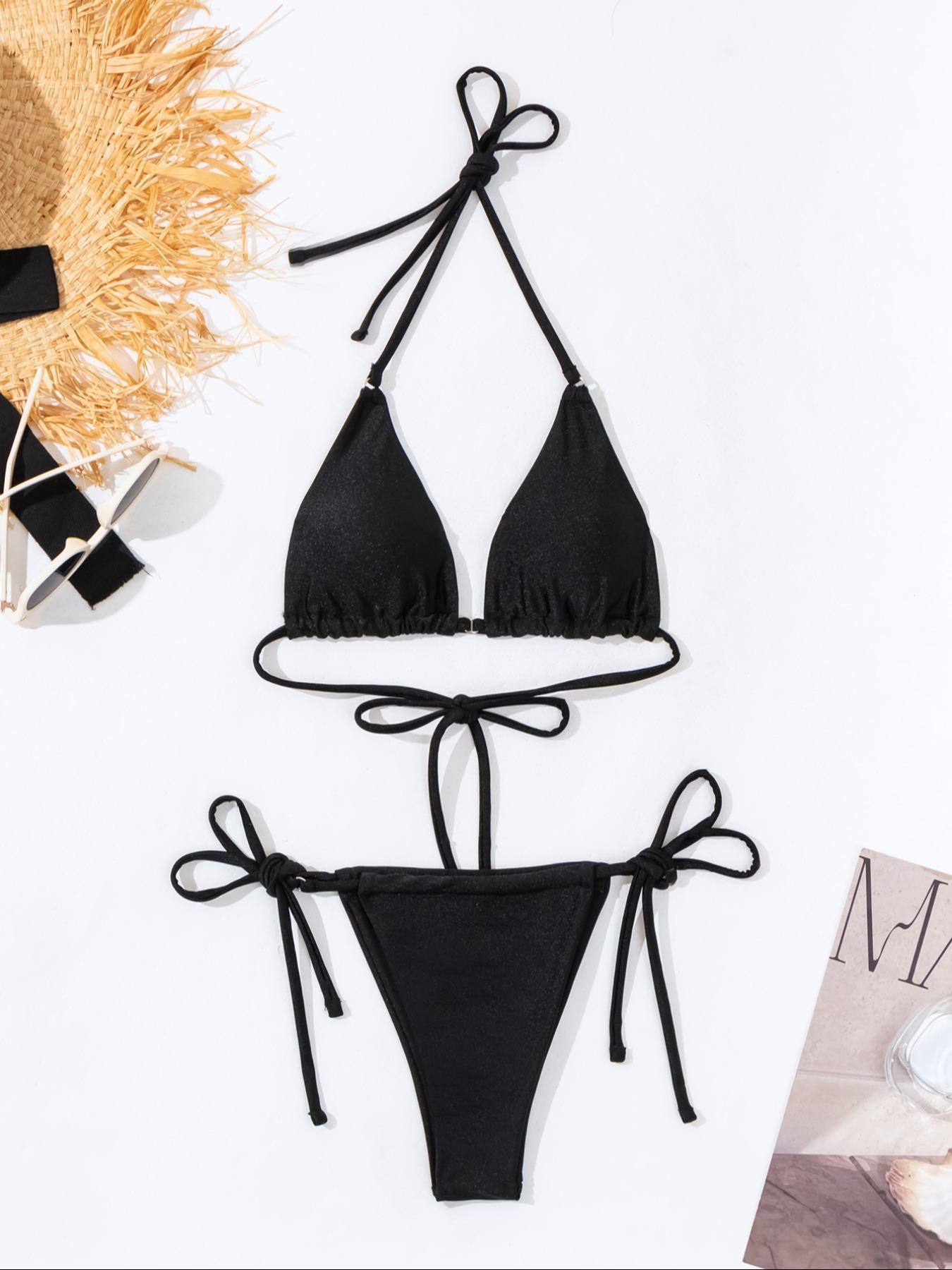 Mix & Match Sizing Solid Bikini Top/bottoms Bikini Set, Casual Halter Neck Backless Triangle Swim Top, Tie Side Swim Thong, Women's Summer Swimwear, Bikinis Sets, Bikini Outfits