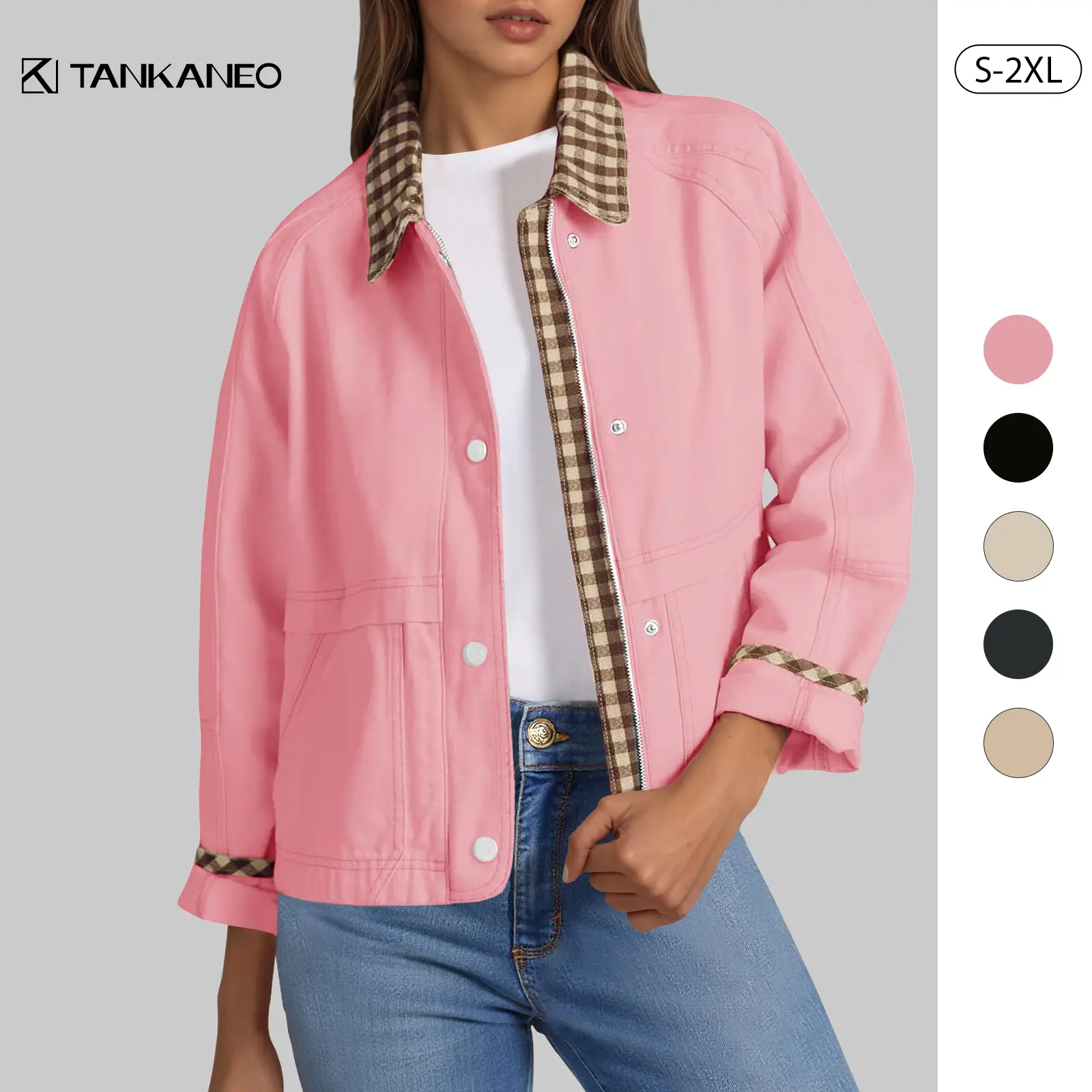 Tankaneo Womens Cropped Barn Jacket Zip Up Lightweight Contrast Plaid Coat | 100% COTTON Cozy Warm Lining, Side Pockets, Fall Outerwear, Casual Daily Outing, Versatile Layering Piece