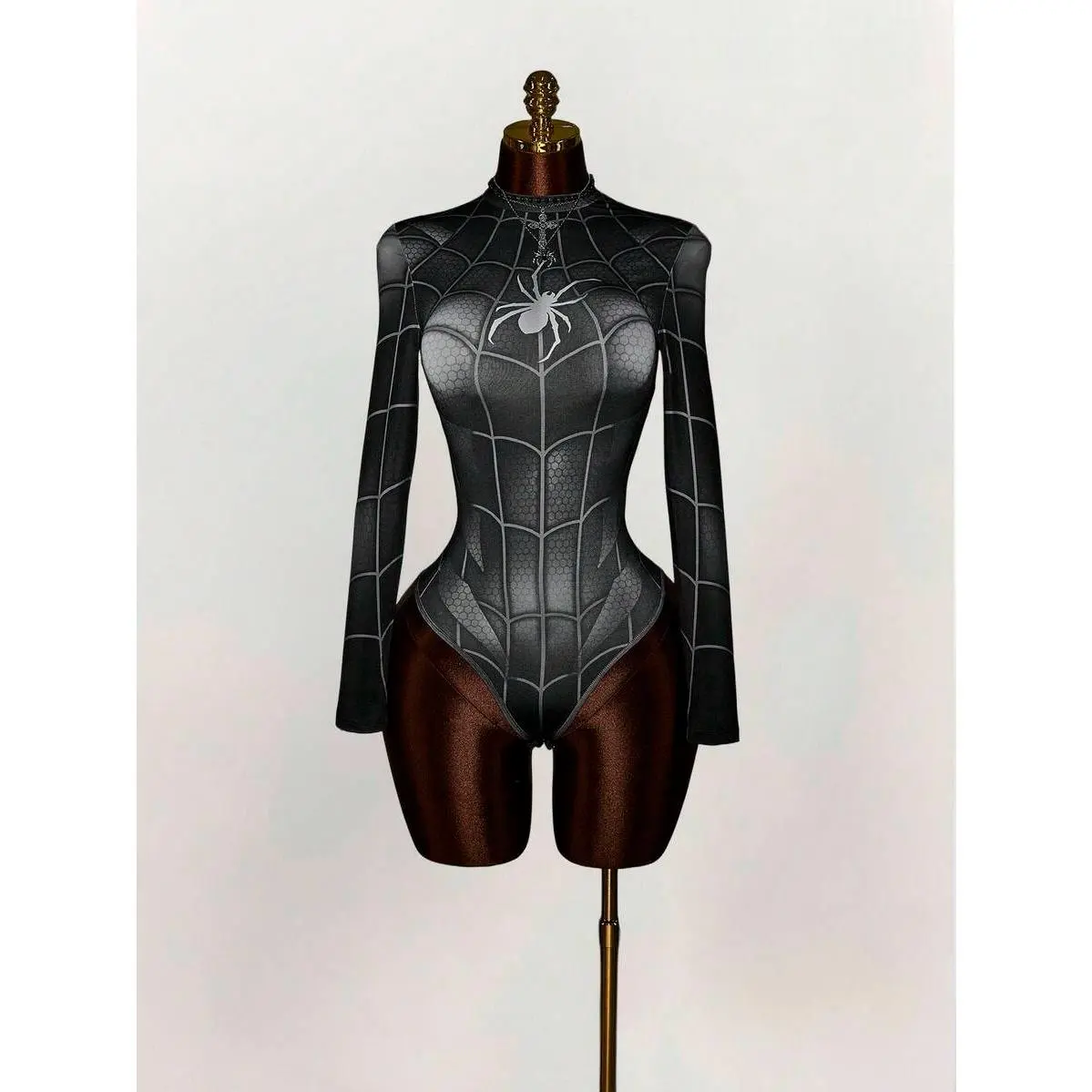 Y2K Amplova Women's Spider Print Long Sleeve Stand Collar Bodysuit, Dark Fashion Style Women Bodysuit Halloween Bodysuit Spiderweb Bodysuit