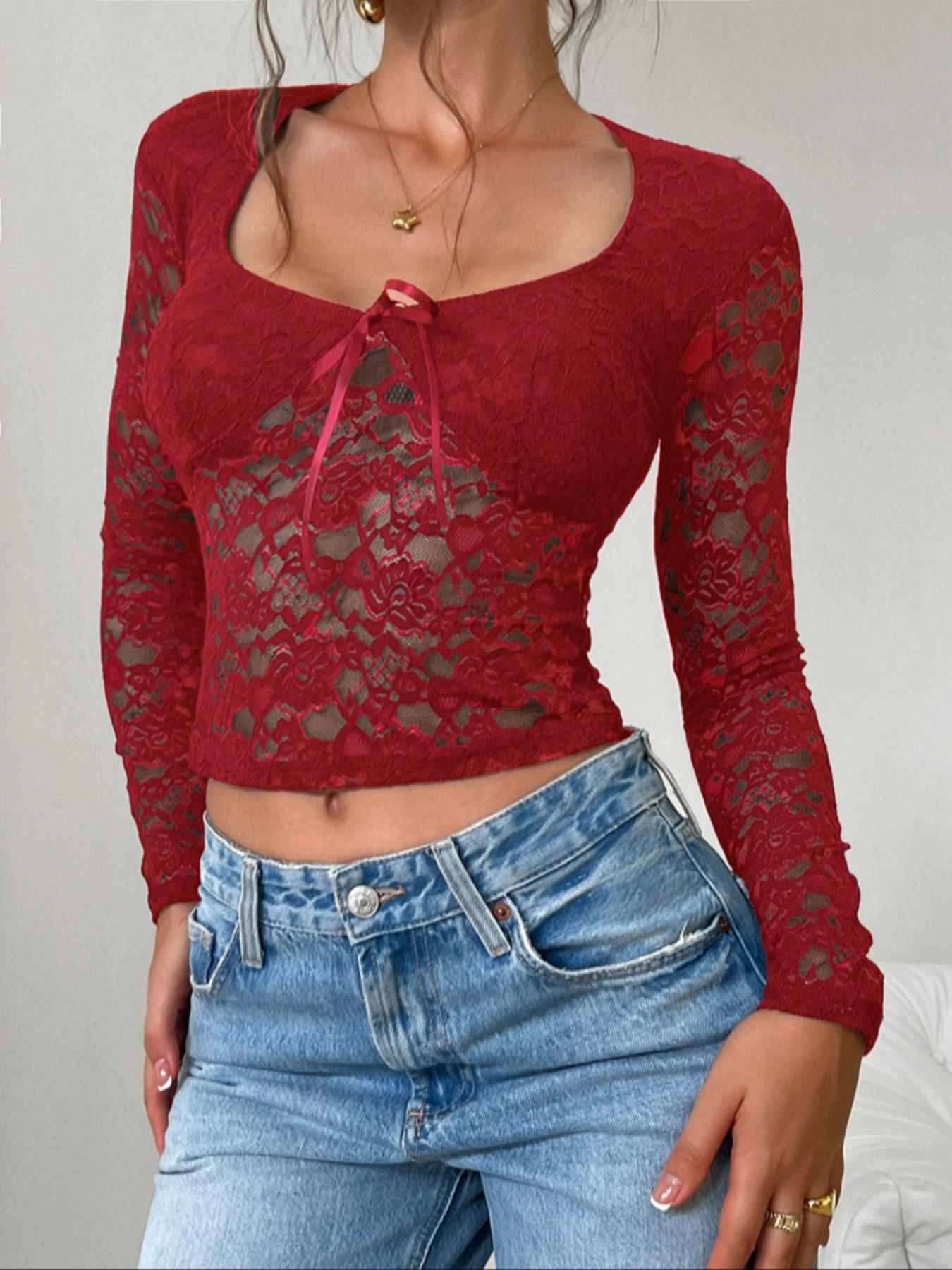Women's Lace Crop Top, Casual Longsleeves Cropped Top for Spring & Fall, Women's Clothing for Daily Wear, Plunge Neck Top, Clothes for Women, Womenswear Shirts