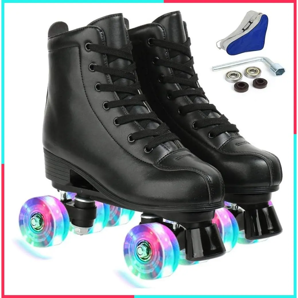 Classic High Top PU Leather Double-Row Roller Skates for Women Men, Indoor Outdoor Beginner Skates with Shoes Bag