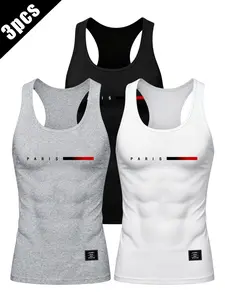 Men's Summer Paris Print Vest Set, Classic Wear Label, Sporty Style, Fitted, All Seasons, Streetwear & Sports Fashion