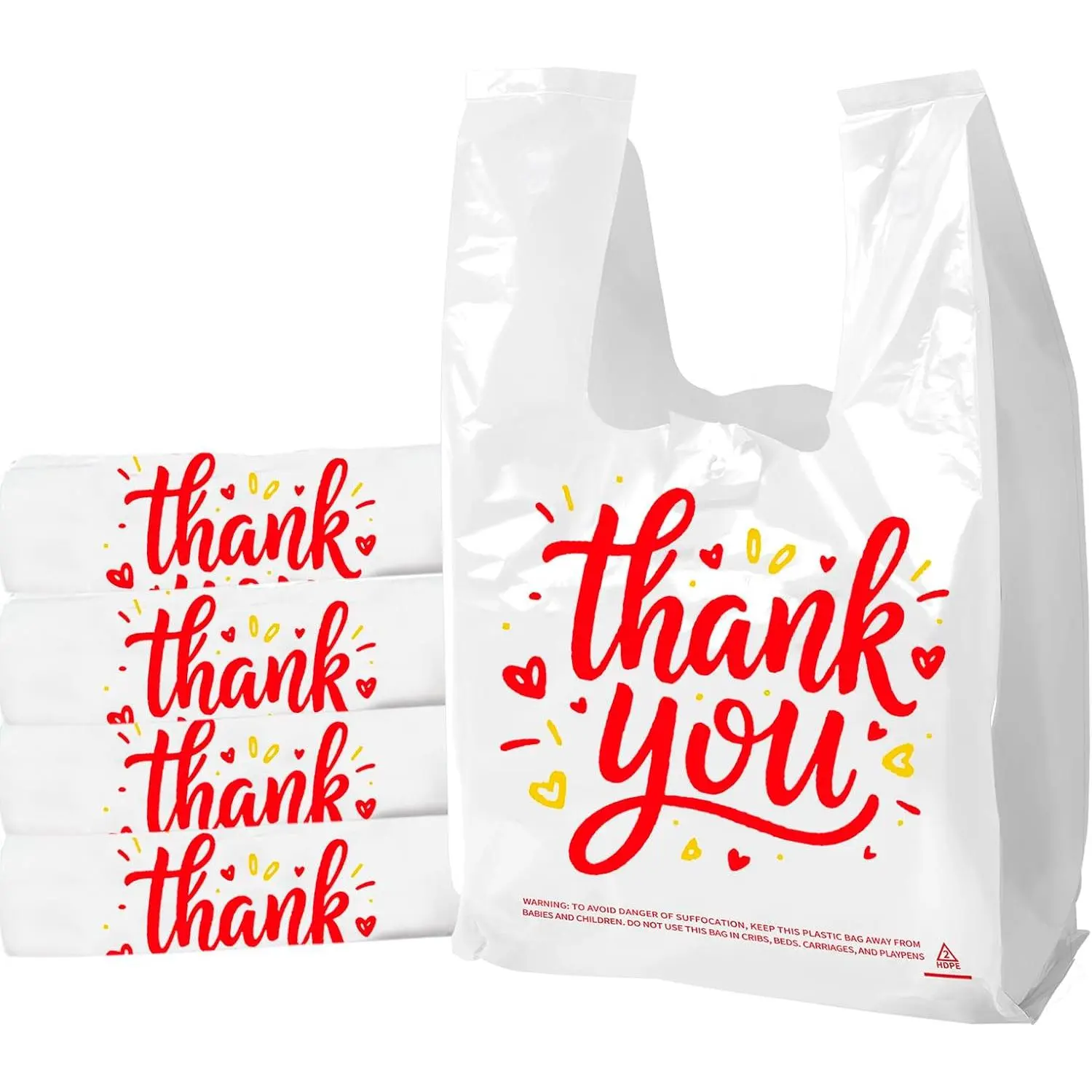 Upgraded 2X Thick Thank You Bags 100-Pack with Handles | White T-Shirt Style for Grocery, Shopping, Small Business, Retail & Merchandise | Bulk Disposable Packaging (11.5x6x21 Inches)