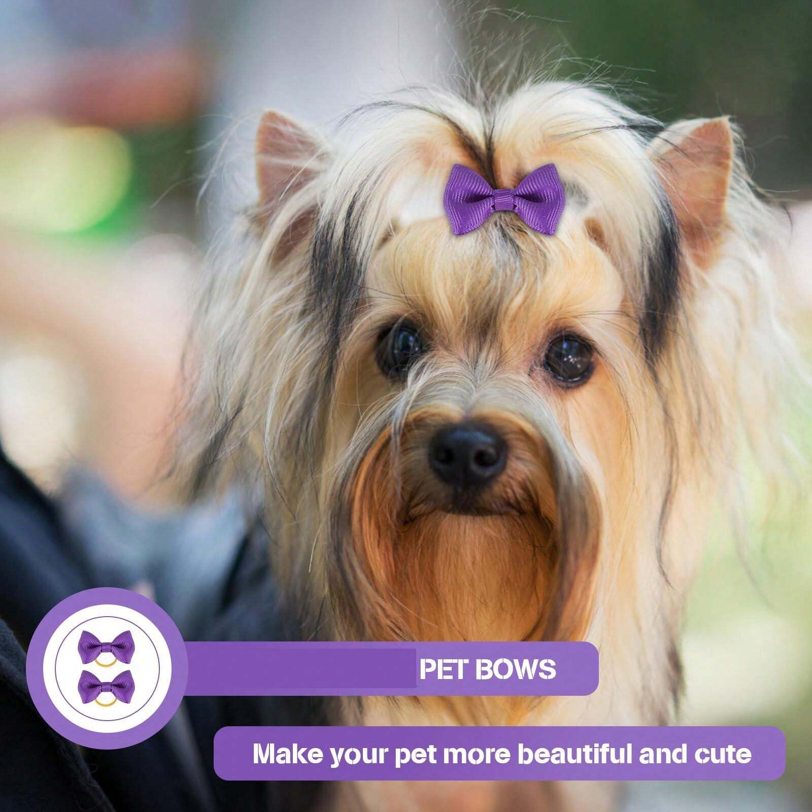 30pcs Puppy Yorkie Dog Hair Bow Pure Ribbon With Rubber Band 40mm Pet Grooming Products Mix Colors Varies Patterns Pet Hair Bows (Pure Ribbon Rubber Bow)